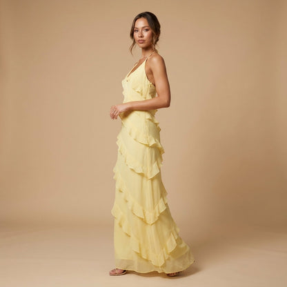 Yellow Tiered Ruffle Maxi Dress – side view