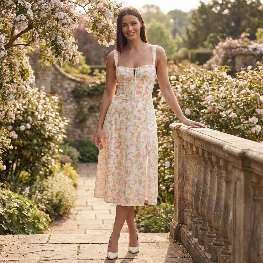 Floral Lace-Up Sweetheart Midi Dress in White – lifestyle shot in a garden