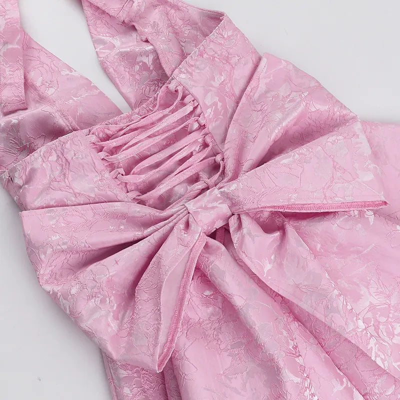 Jacquard Halter Skater Mini Dress with Bow Back in Pink – close-up detail of lace-up back and bow