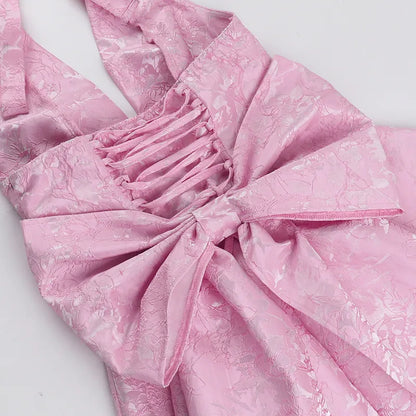 Jacquard Halter Skater Mini Dress with Bow Back in Pink – close-up detail of lace-up back and bow