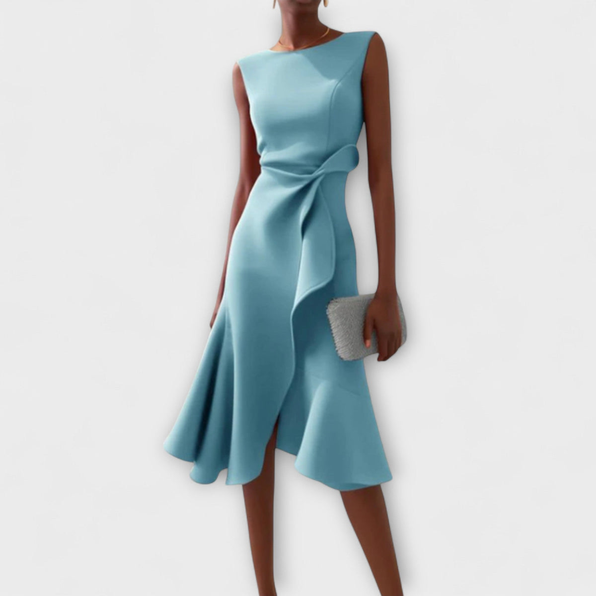 Draped Asymmetric Sleeveless Midi Dress – Light Blue