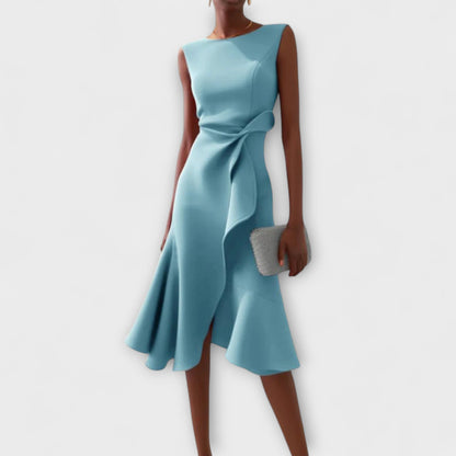 Draped Asymmetric Sleeveless Midi Dress – Light Blue