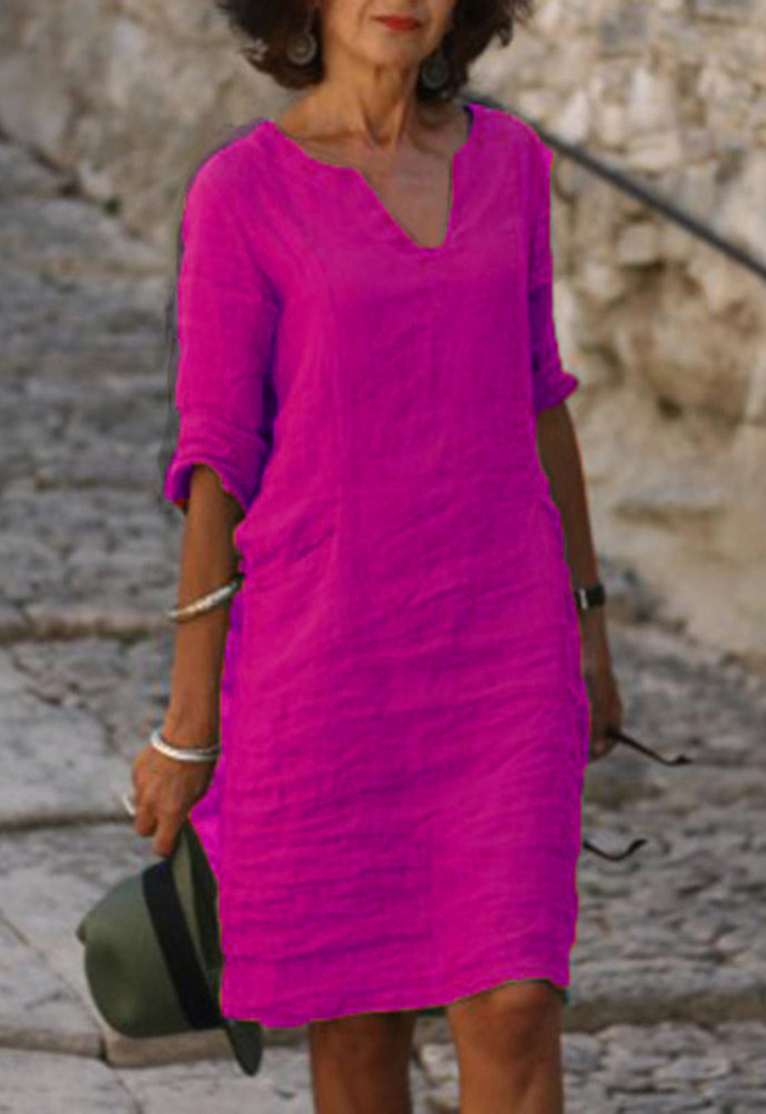 V-Neck Short Sleeve Relaxed Midi Dress – Purple