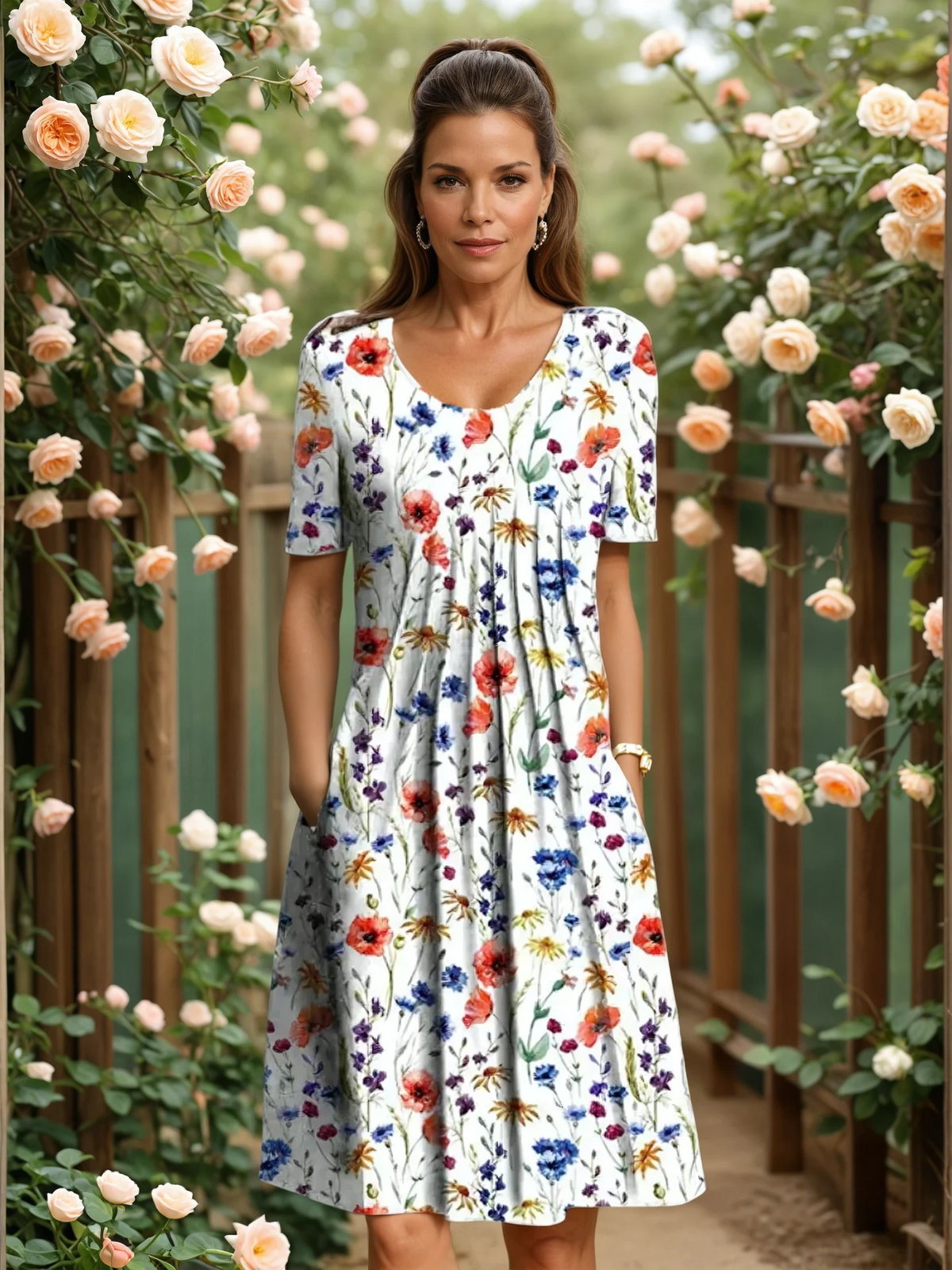 Floral Pleated A-Line Midi Dress with Pockets – Red Floral