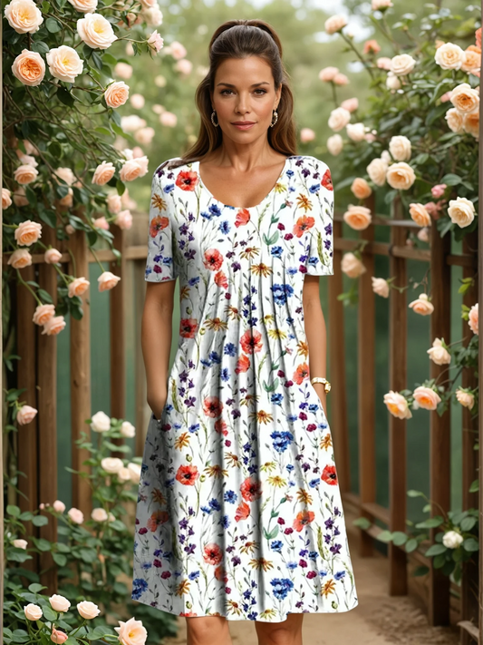 Floral Pleated A-Line Midi Dress with Pockets – Red Floral