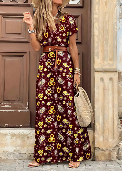 Boho Print Gathered Waist Maxi Dress – Burgundy