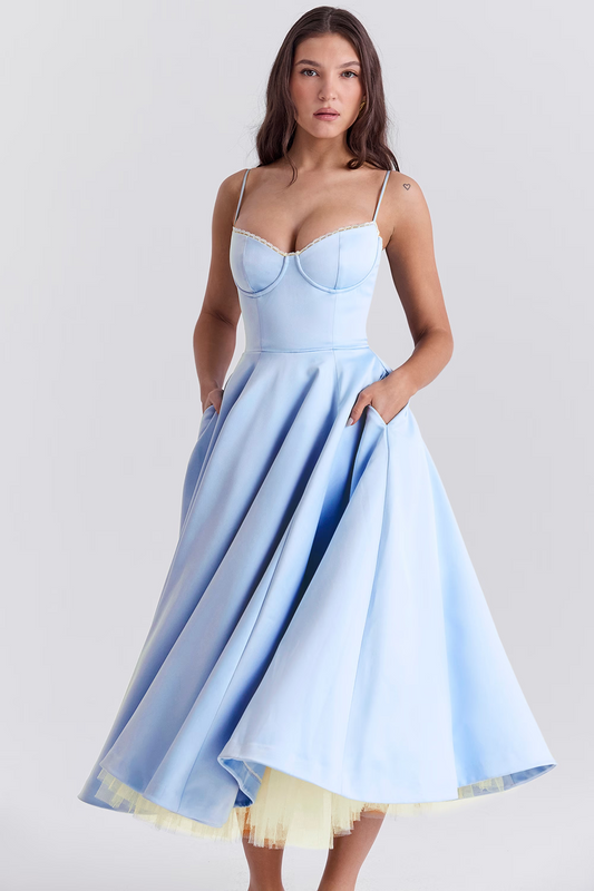 Satin Tulle Skirt Midi Dress with Pockets – view 2
