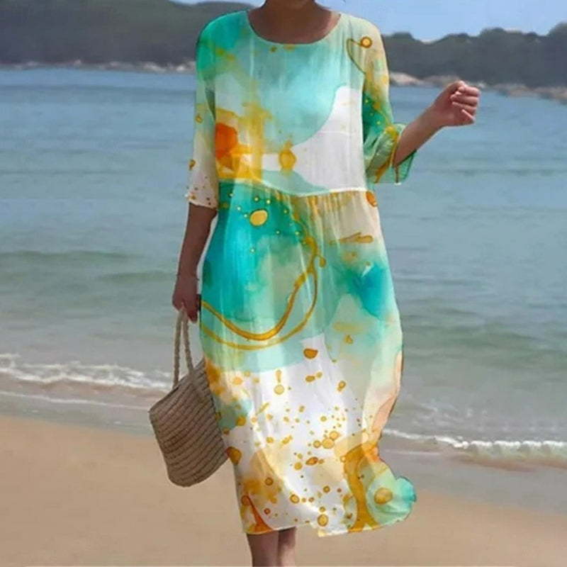 Floral Print 3/4 Sleeve Midi Dress – Yellow
