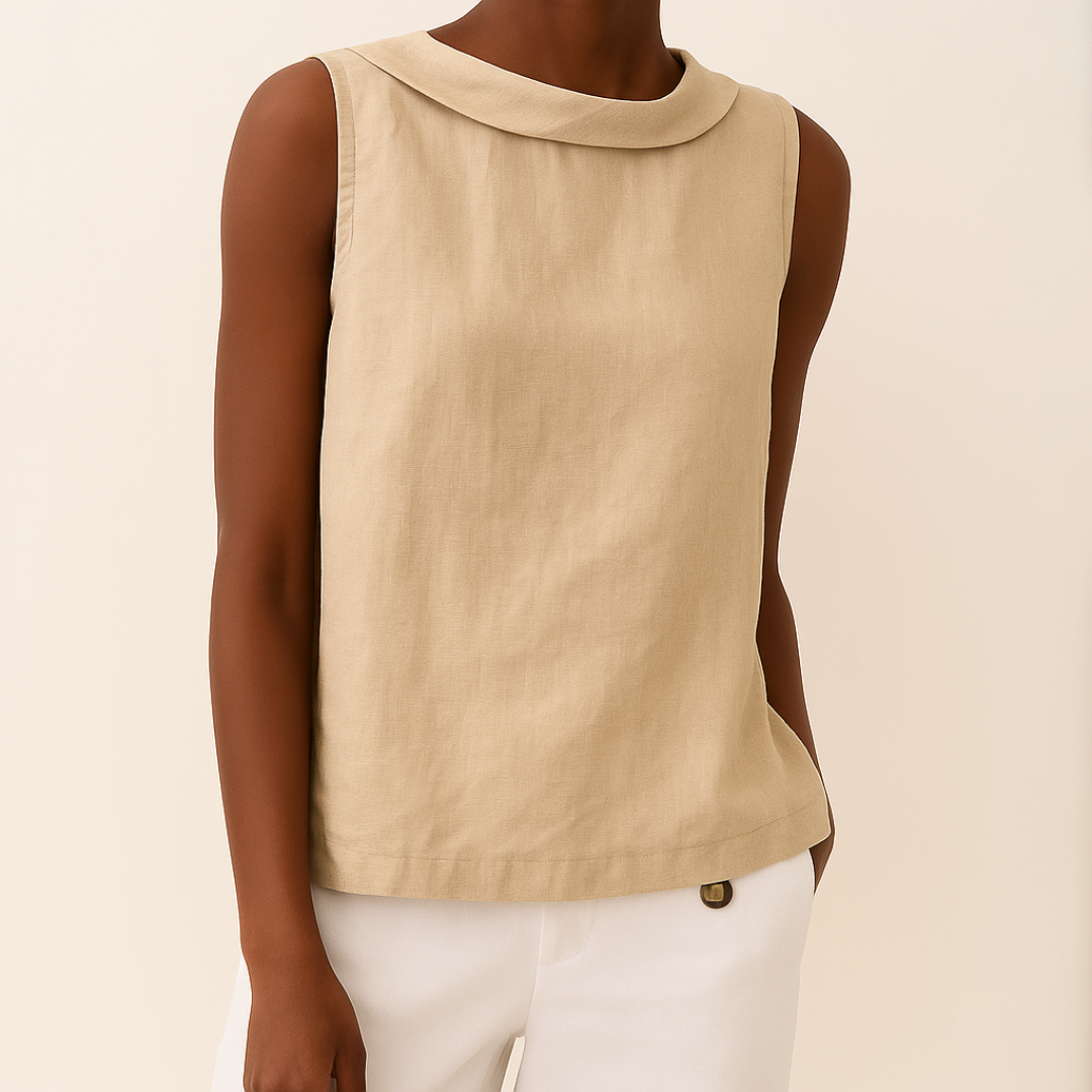 Pleated Collar Sleeveless Top – Beige