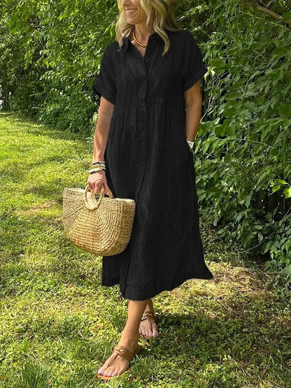 Striped Lapel Collar Button Shirt Dress – Black
