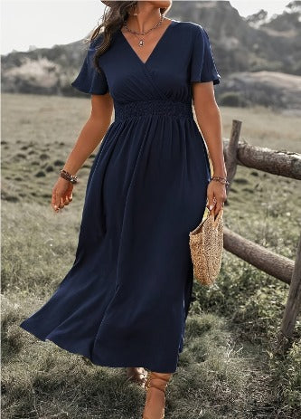 Twist Front V-Neck Short Sleeve Midi Dress – Blue