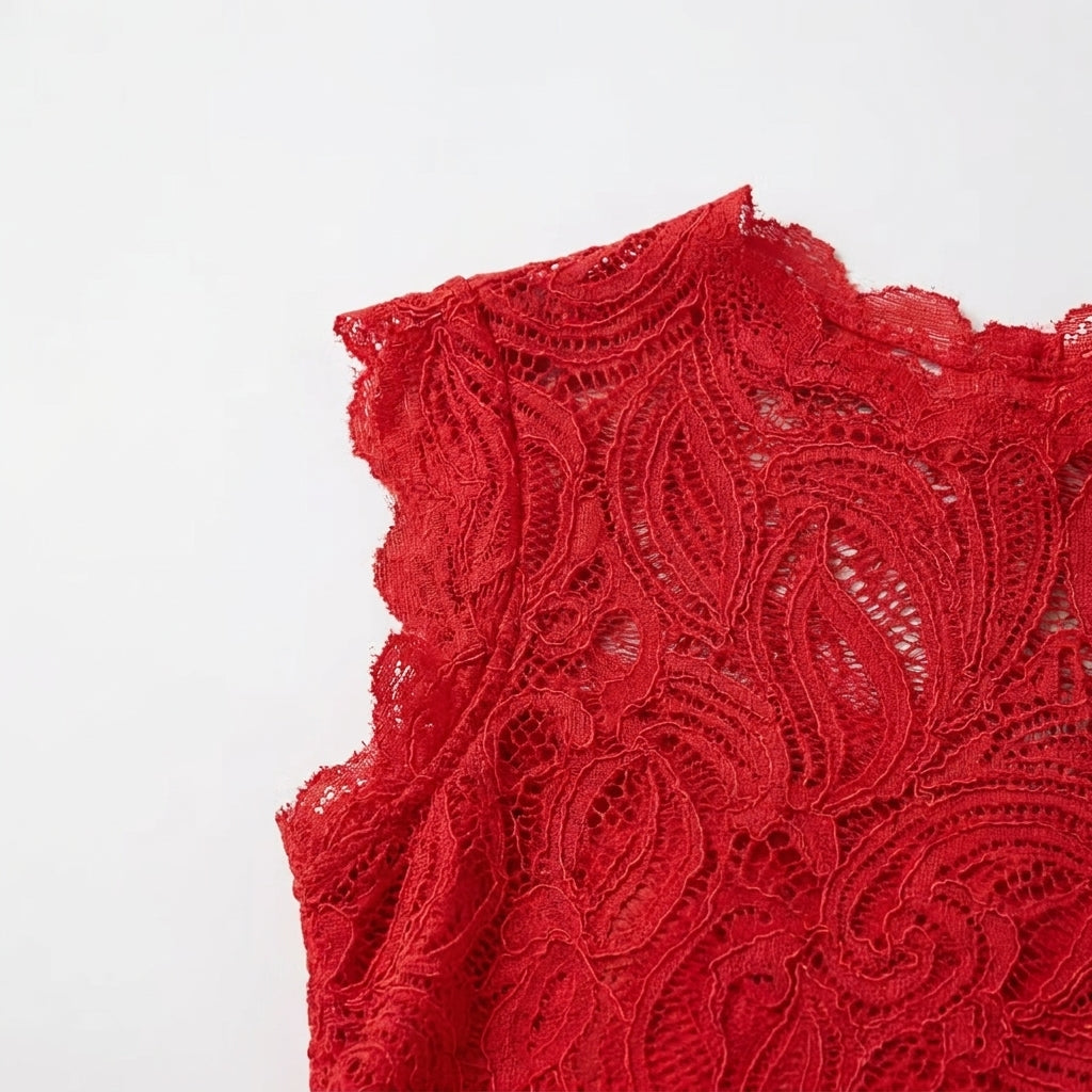 Lace High Neck Top & Maxi Skirt Set in Red – close-up of lace neckline