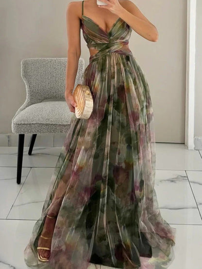 Watercolour Floral V-Neck Maxi Dress in Green – front view, full length