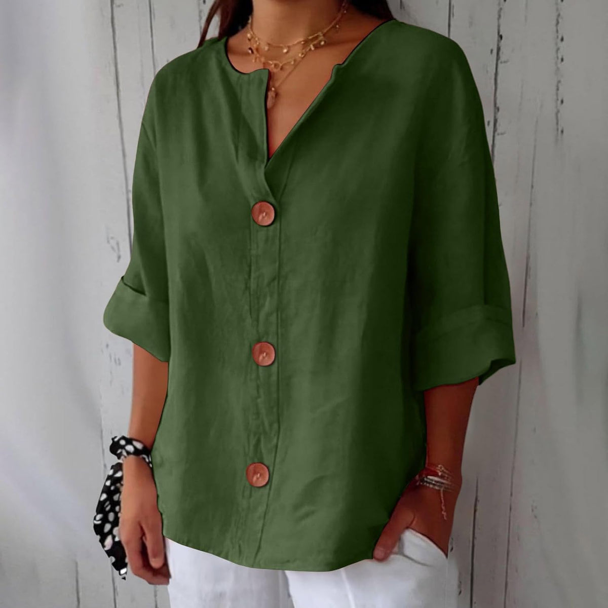 Button Front Relaxed Summer Blouse – Green