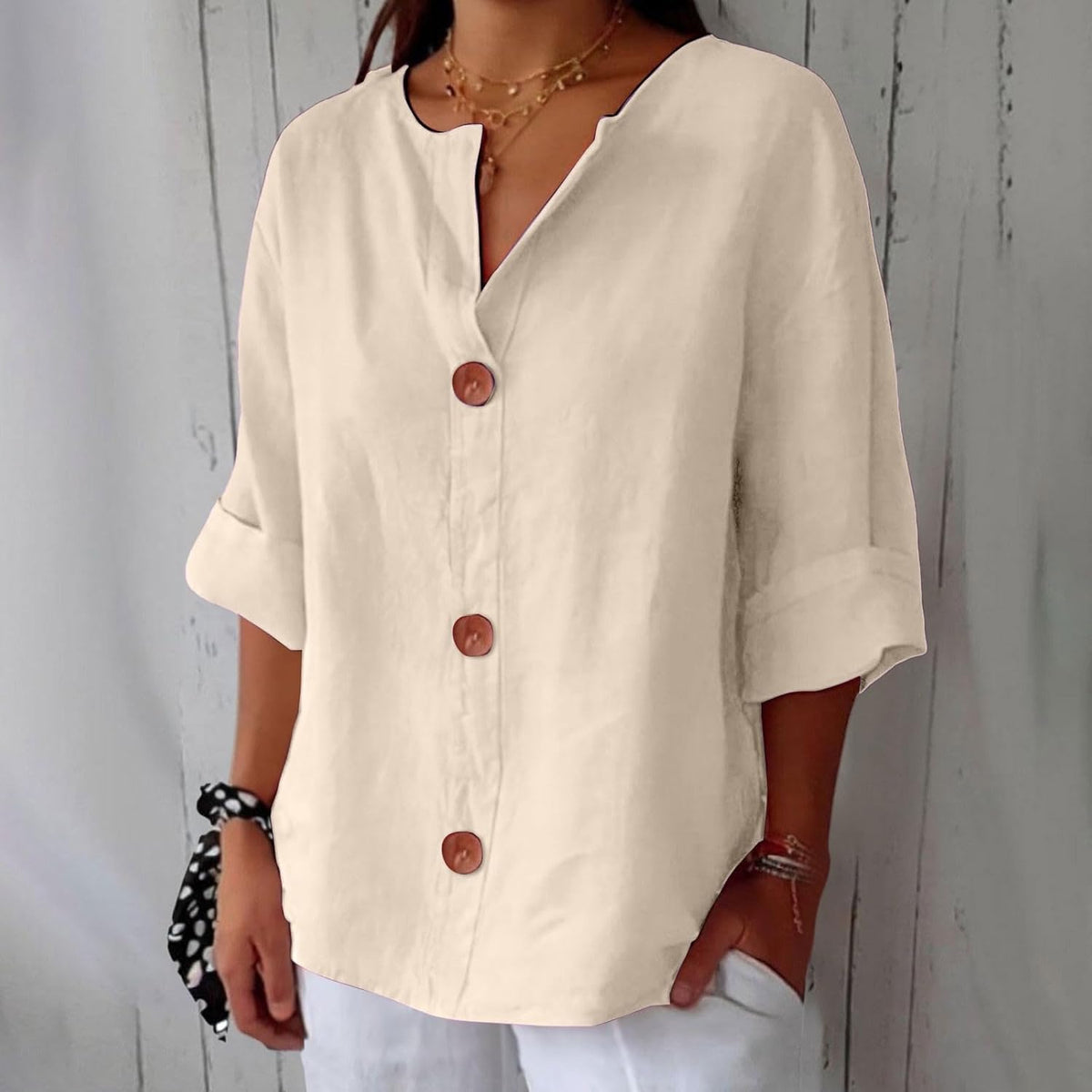 Button Front Relaxed Summer Blouse – Beige