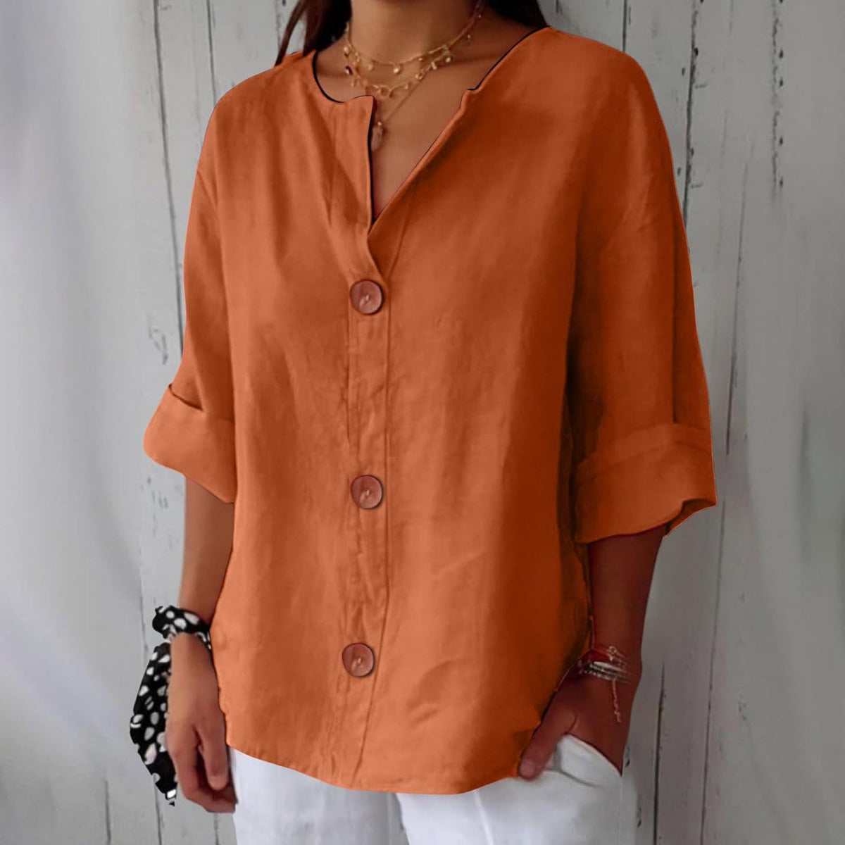 Button Front Relaxed Summer Blouse – Orange