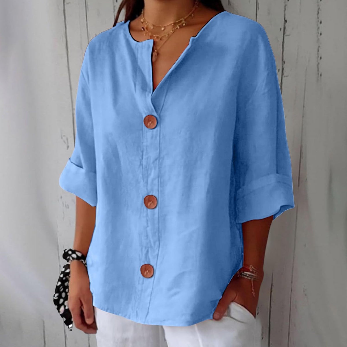 Button Front Relaxed Summer Blouse – Light Blue