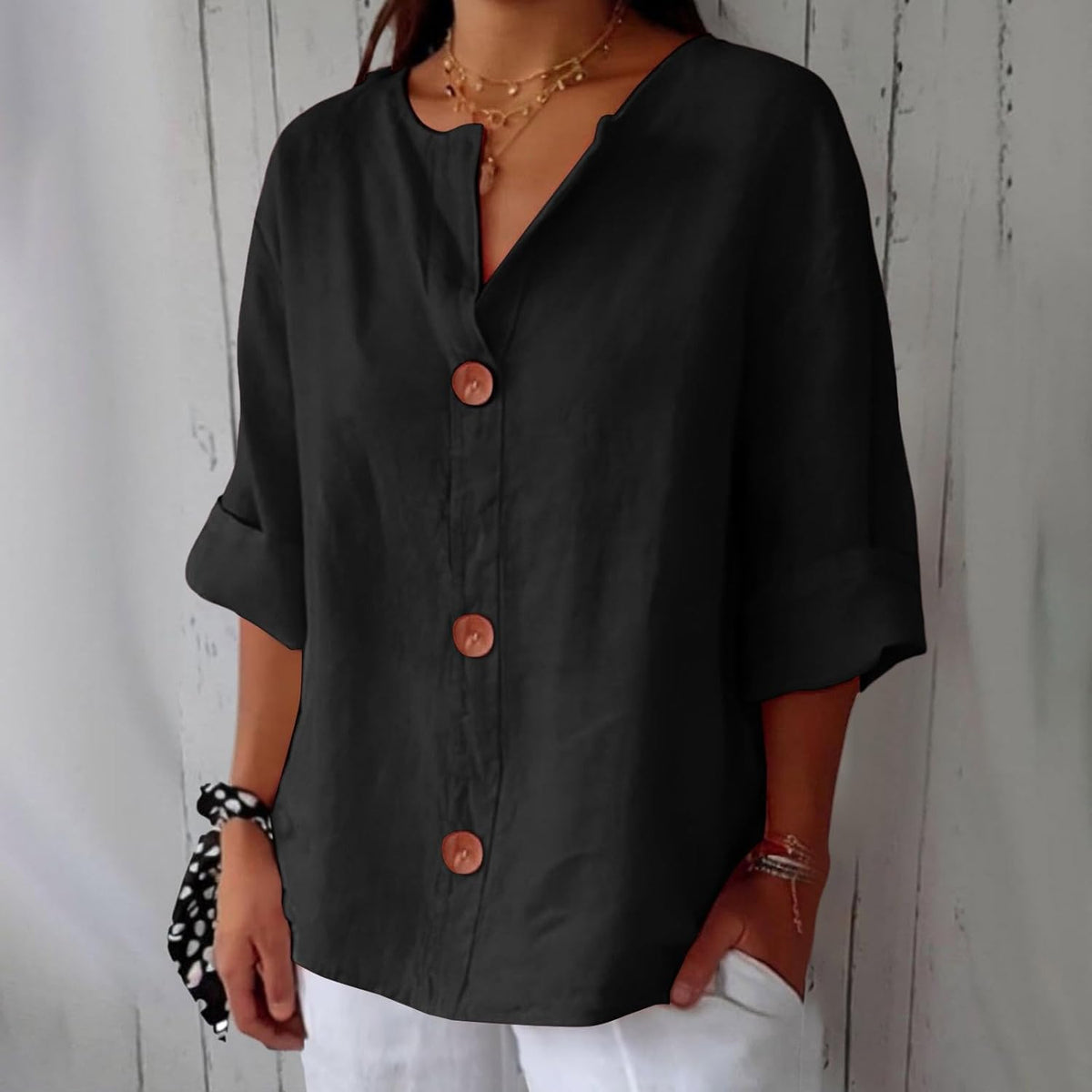 Button Front Relaxed Summer Blouse – Black