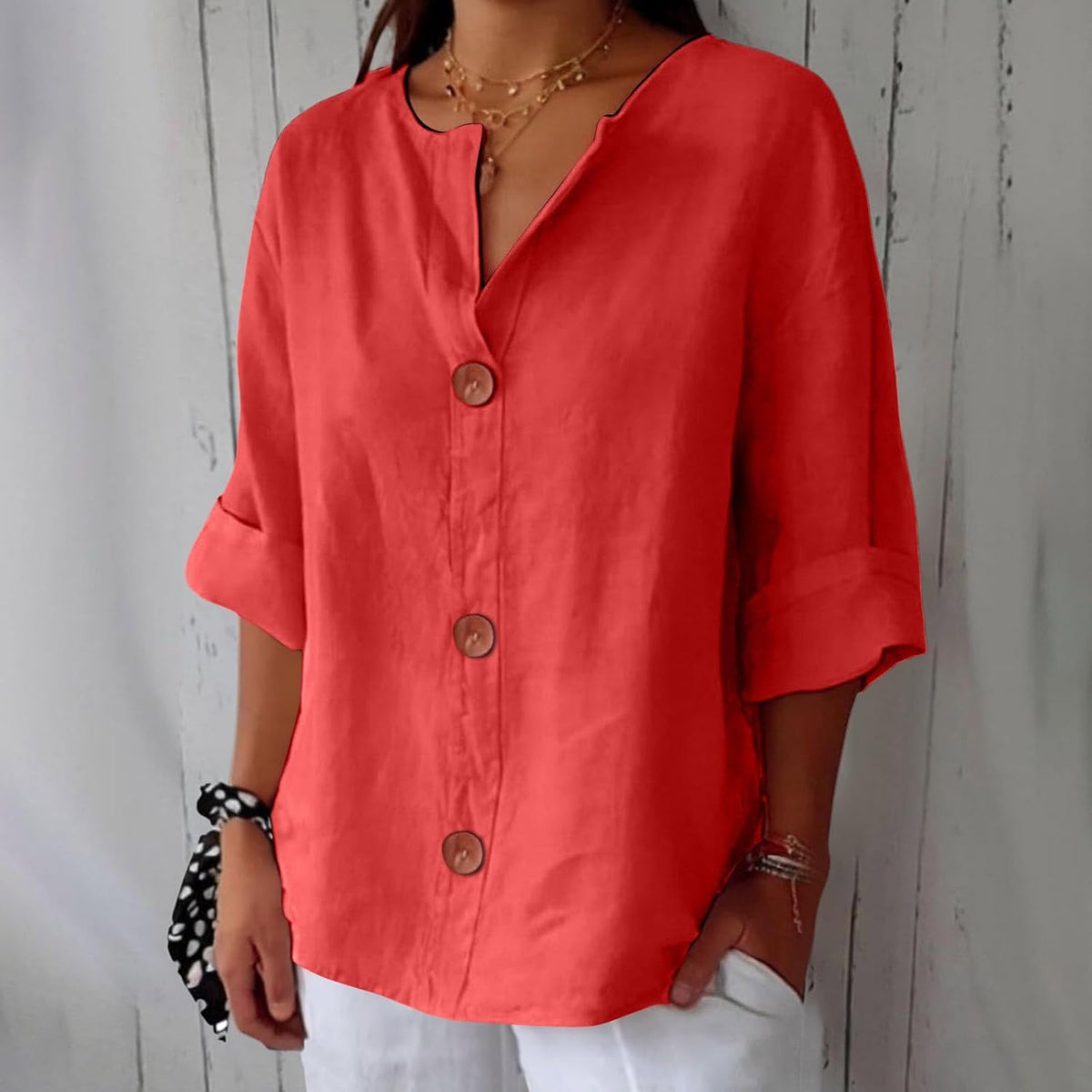 Button Front Relaxed Summer Blouse – Red