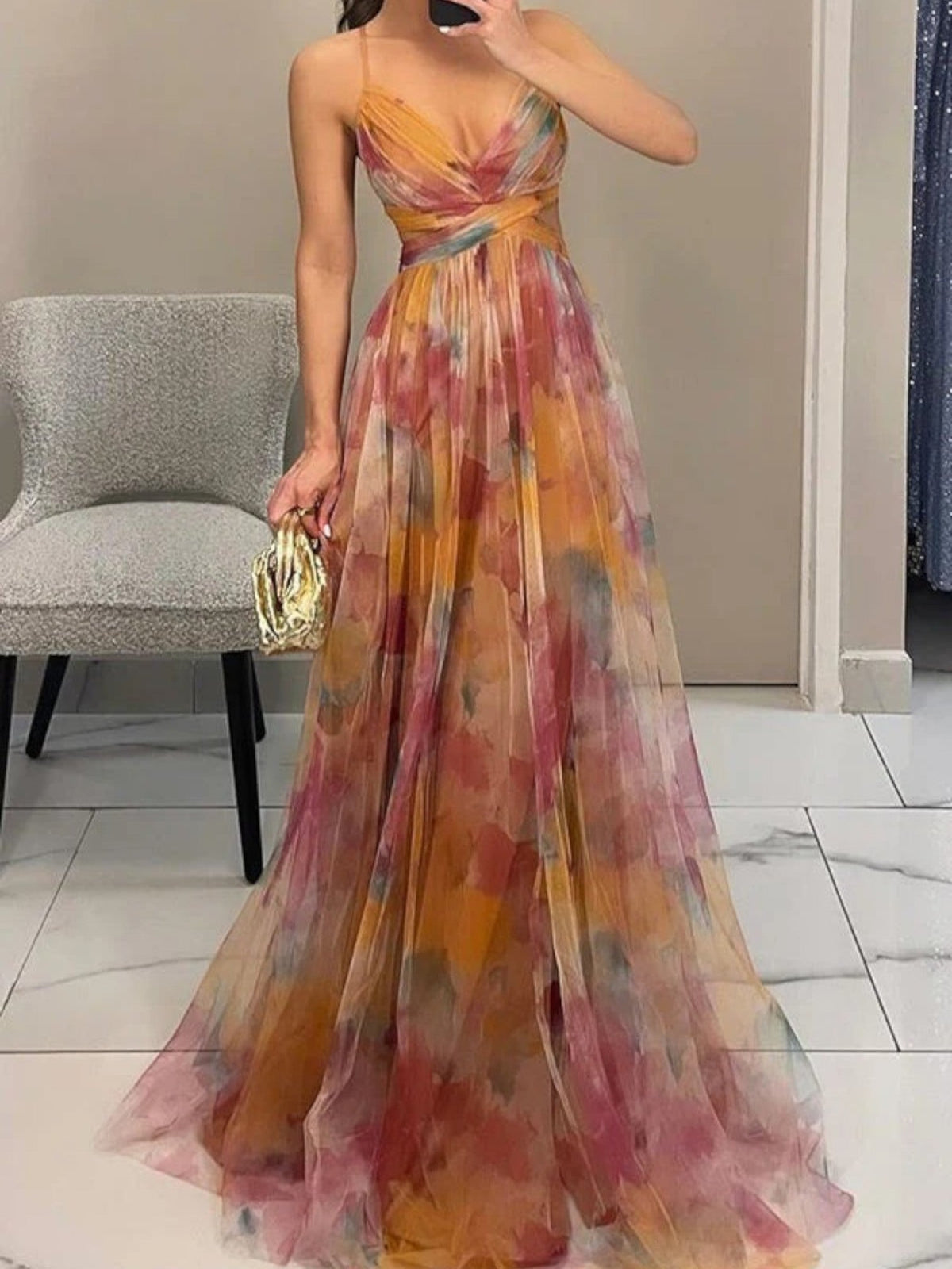 Watercolour Floral V-Neck Maxi Dress in Orange – front view with clutch