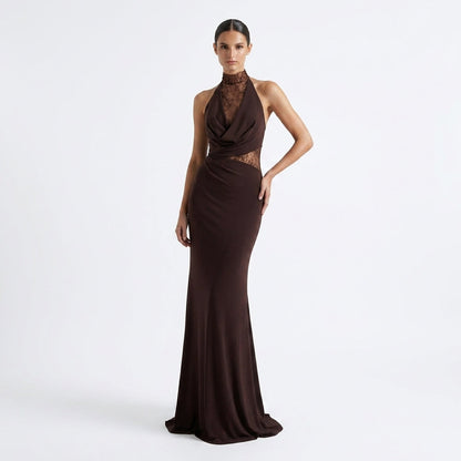 Brown Halter Lace Maxi Dress – front view with hand on hip