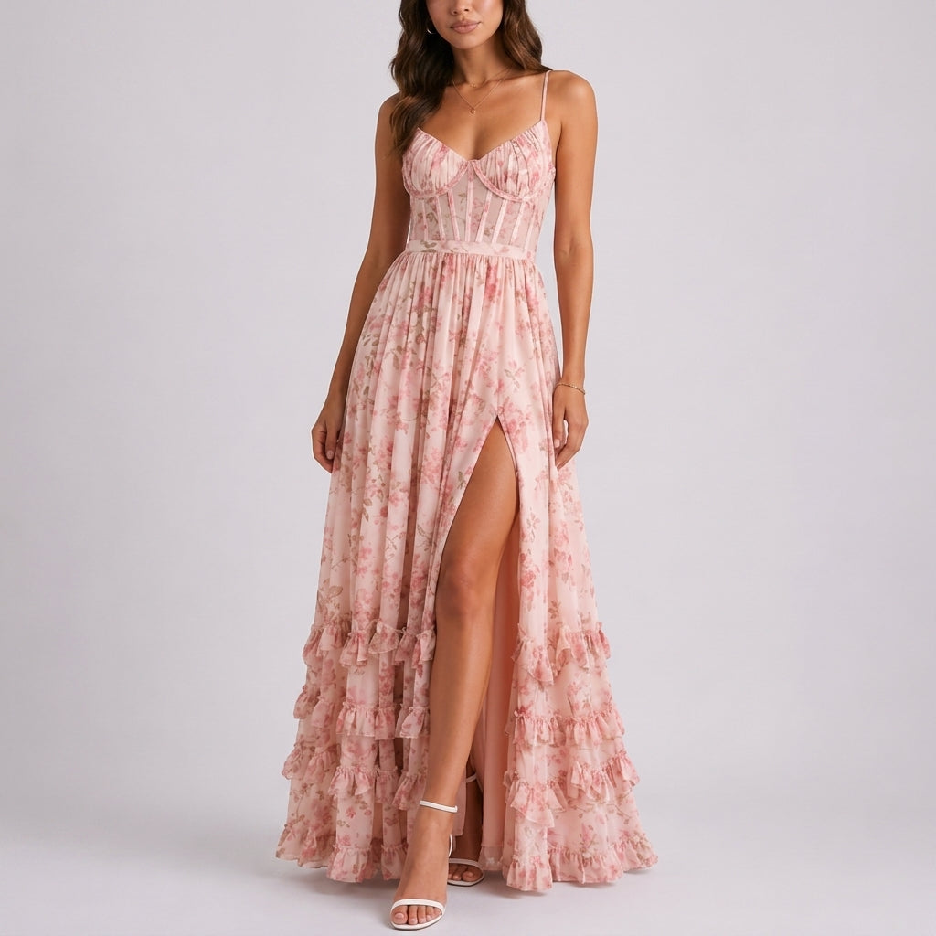 Pink Floral Lace-Up Corset Maxi Dress – front view showing side split