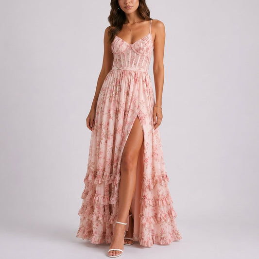 Pink Floral Lace-Up Corset Maxi Dress – front view showing side split