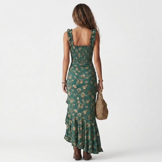 Floral Smocked Ruffle Strap Maxi Dress in Green – back view