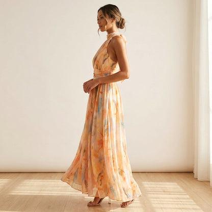 Watercolour Print Halter Maxi Dress – side view
