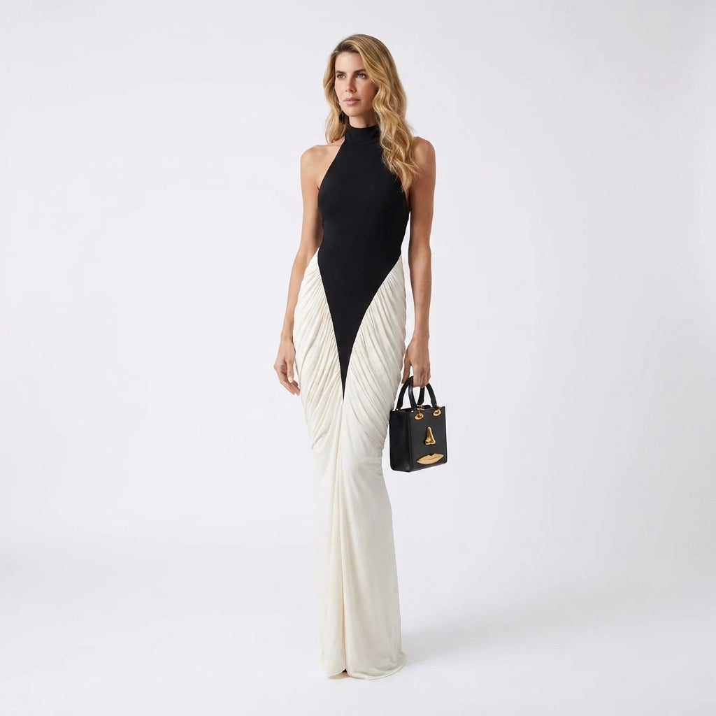 Black and White Backless Maxi Dress – full-length front view