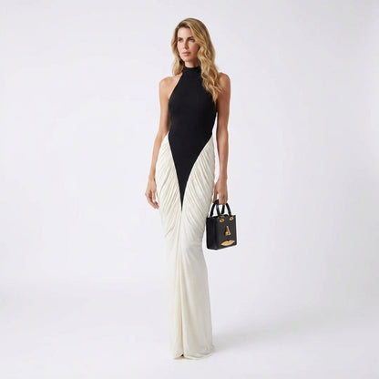 Black and White Backless Maxi Dress – full-length front view