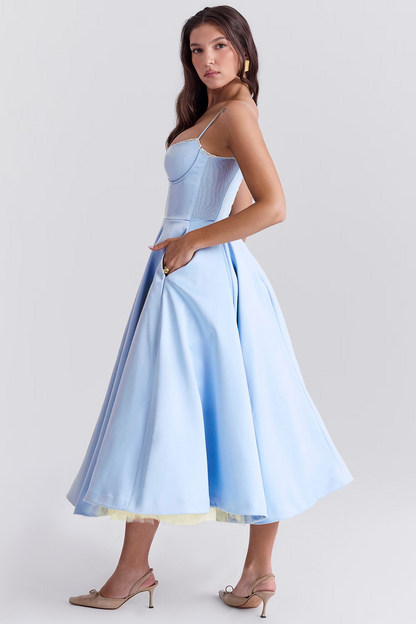 Satin Tulle Skirt Midi Dress with Pockets – view 3