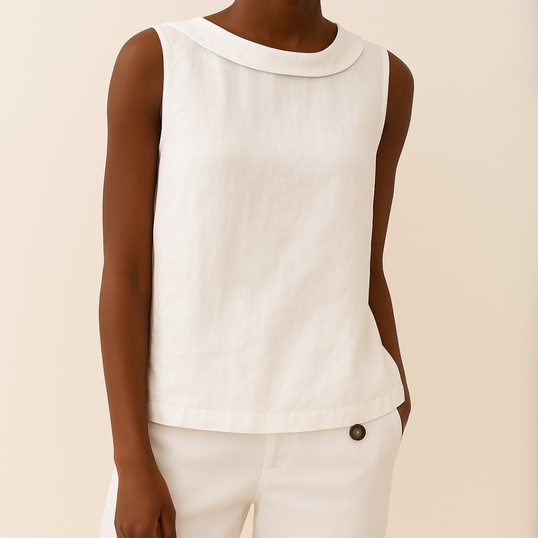 Pleated Collar Sleeveless Top – White