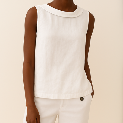 Pleated Collar Sleeveless Top – White