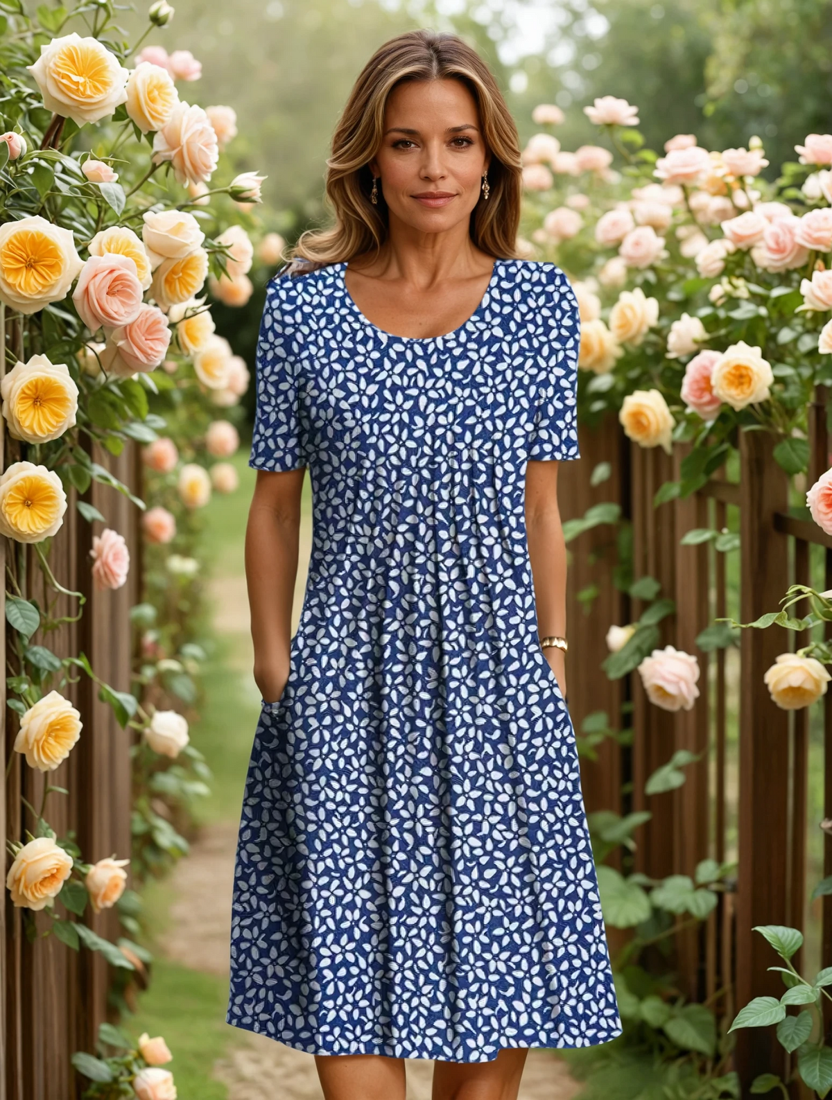 Floral Pleated A-Line Midi Dress with Pockets – Blue Floral