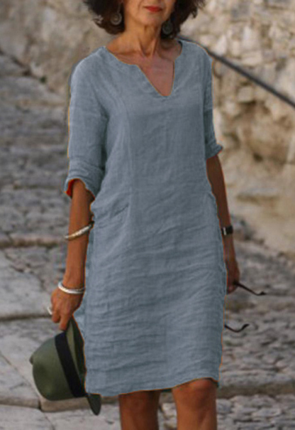 V-Neck Short Sleeve Relaxed Midi Dress – Grey