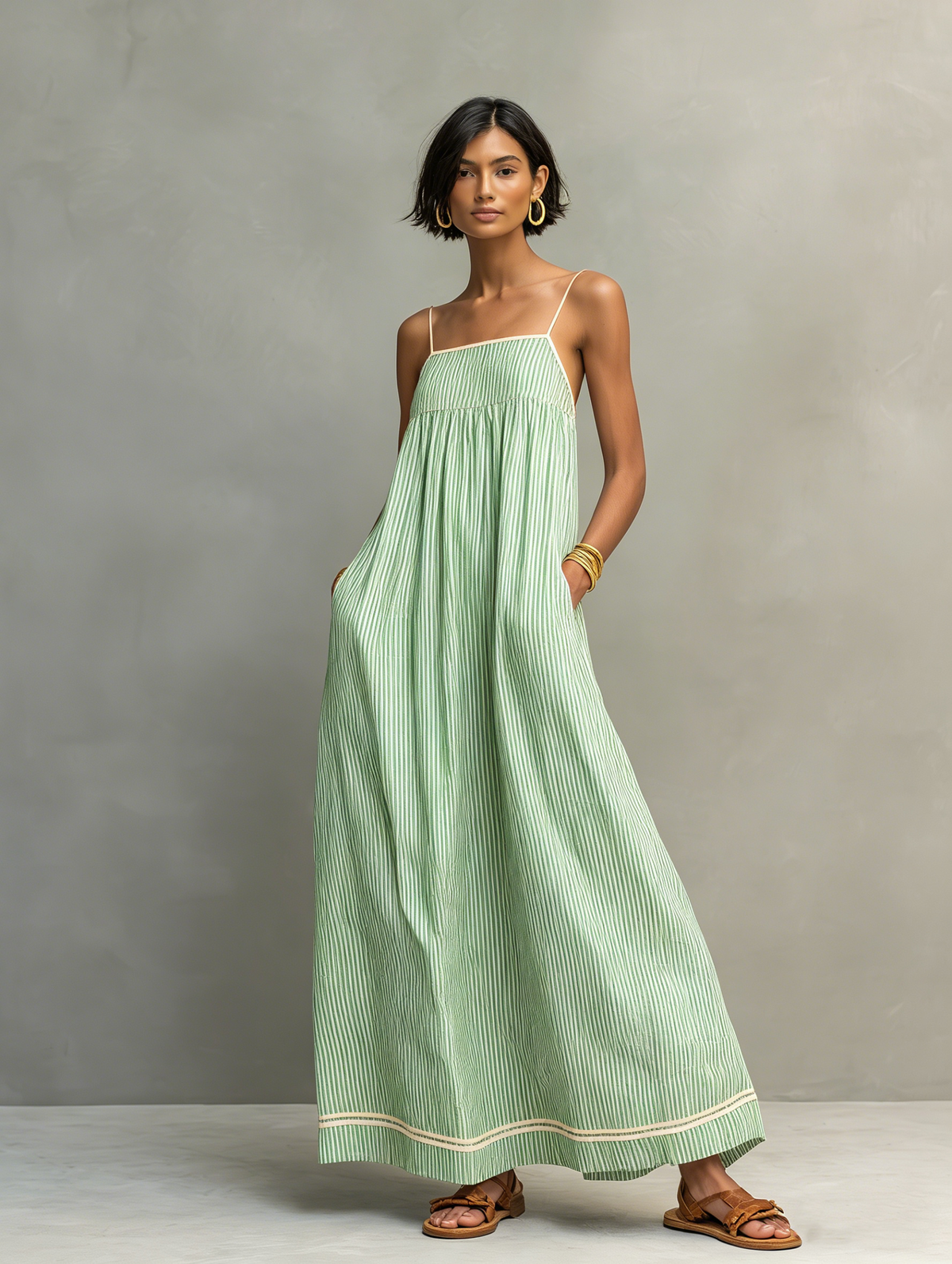 Striped Spaghetti Strap Maxi Dress with Red Accents – Green