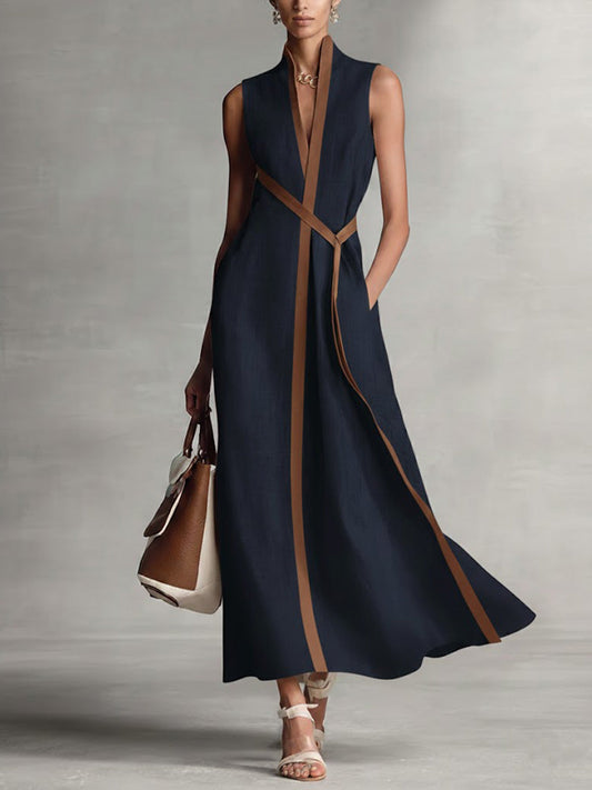 Mandarin Collar Sleeveless Maxi Dress – Navy