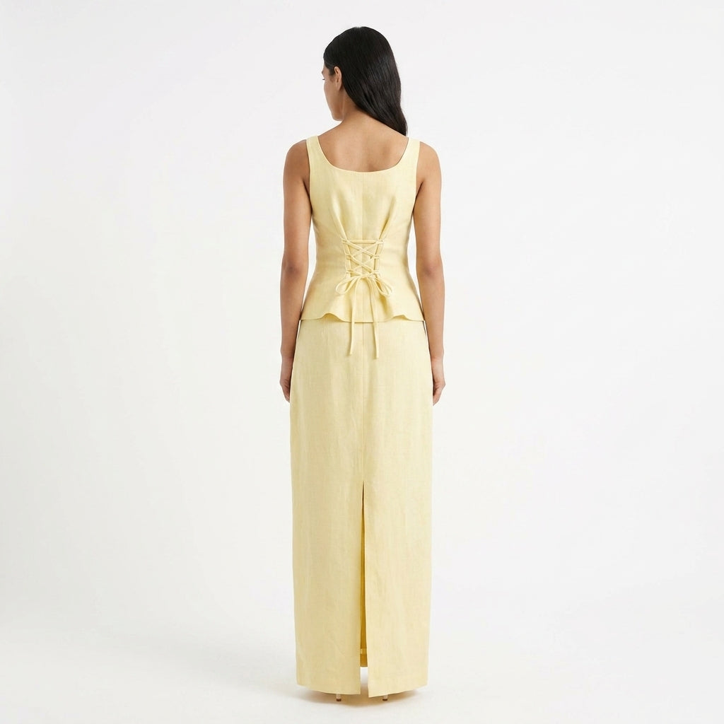 Lemon Lace-Up Top & Maxi Skirt Set – back view showing lace-up back