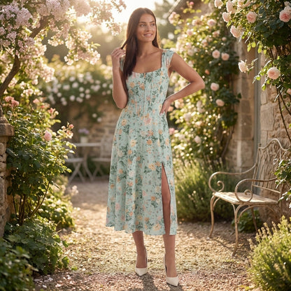 Corset Square Neck Midi Dress with Side Slit in Mint Floral – lifestyle shot in a garden