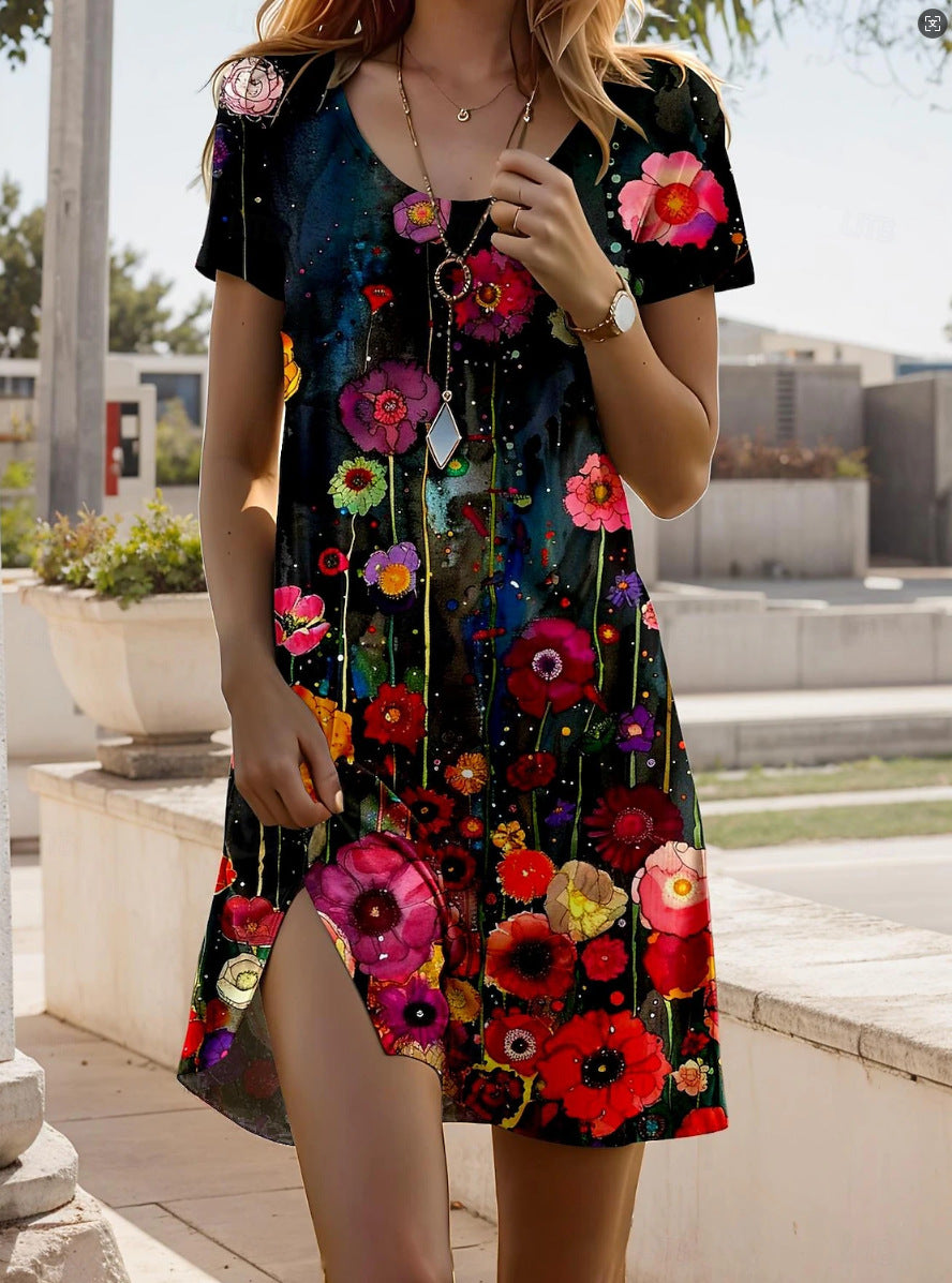 Boho Print Midi Dress with Adjustable Straps – Black
