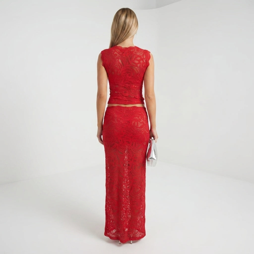 Lace High Neck Top & Maxi Skirt Set in Red – back view