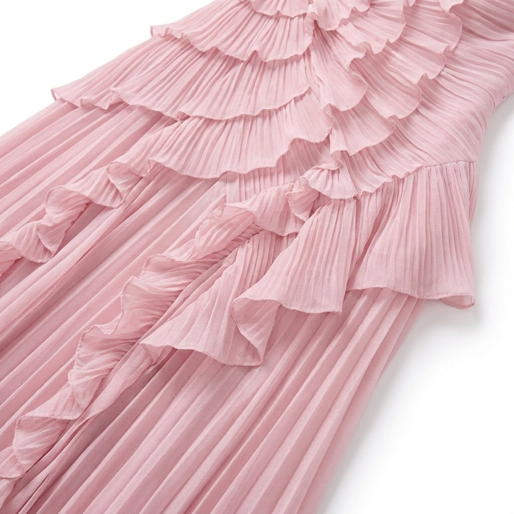Asymmetric Ruffle Pleated Halter Maxi Dress in Pink – close-up of the layered ruffle tiers