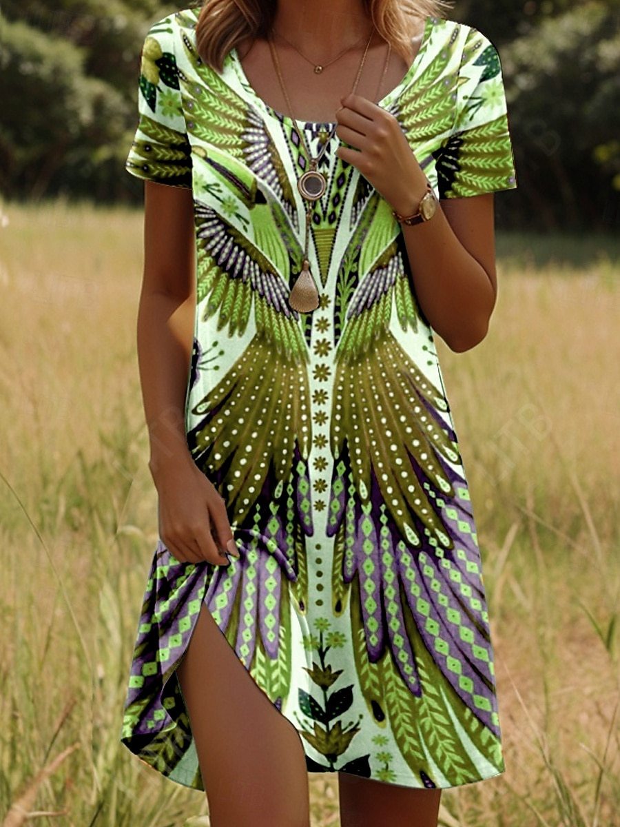 Boho Print Midi Dress with Adjustable Straps – Green