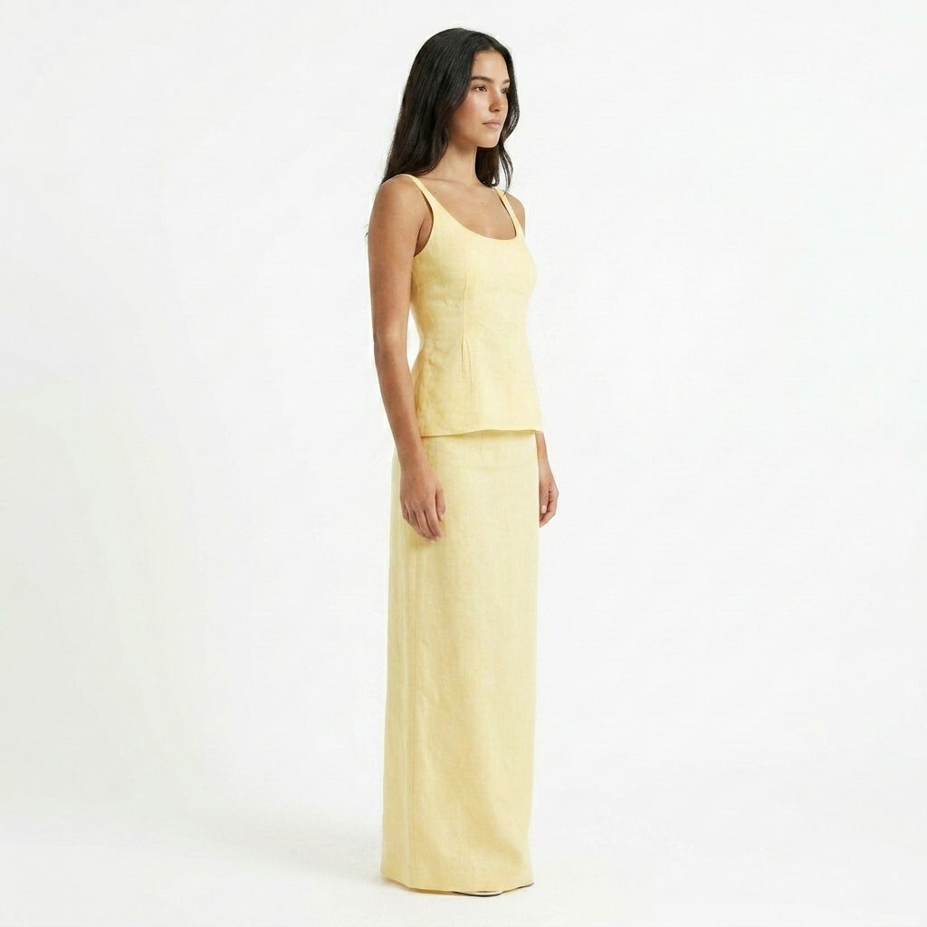 Lemon Lace-Up Top & Maxi Skirt Set – three-quarter front view