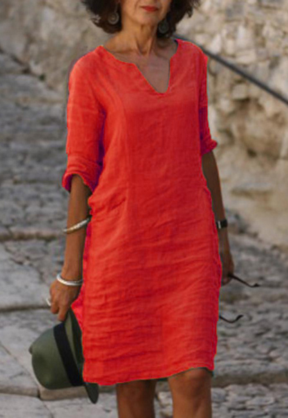 V-Neck Short Sleeve Relaxed Midi Dress – Red