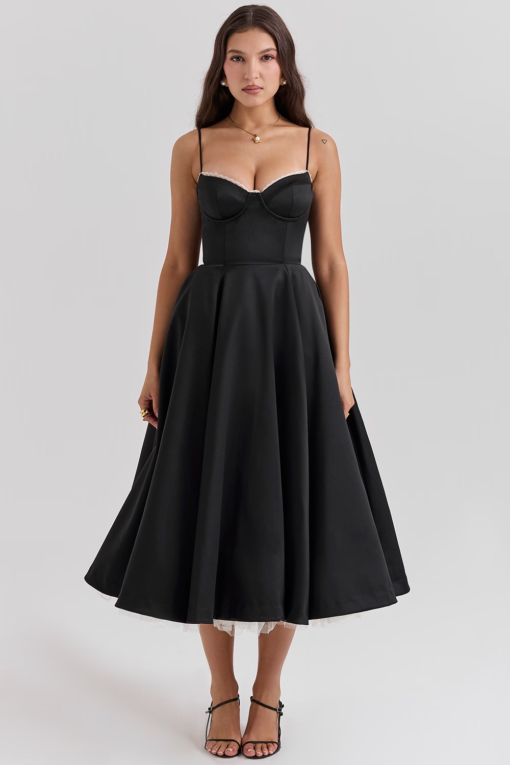 Satin Tulle Skirt Midi Dress with Pockets – Black