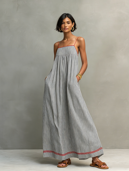 Striped Spaghetti Strap Maxi Dress with Red Accents – Black