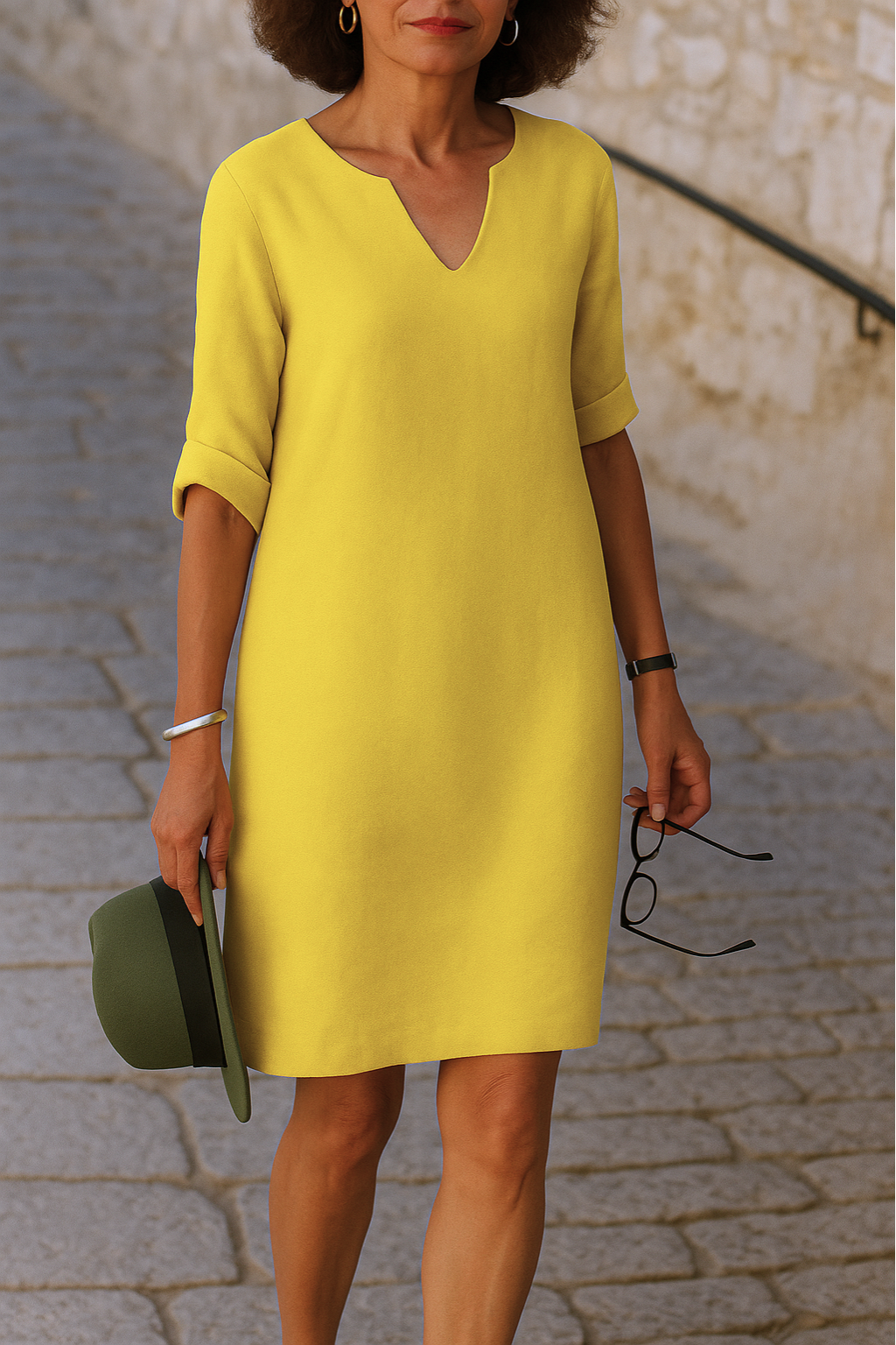V-Neck Short Sleeve Relaxed Midi Dress – Yellow