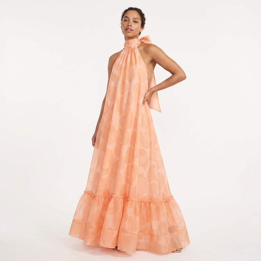 Orange Print Halter Maxi Dress – front view